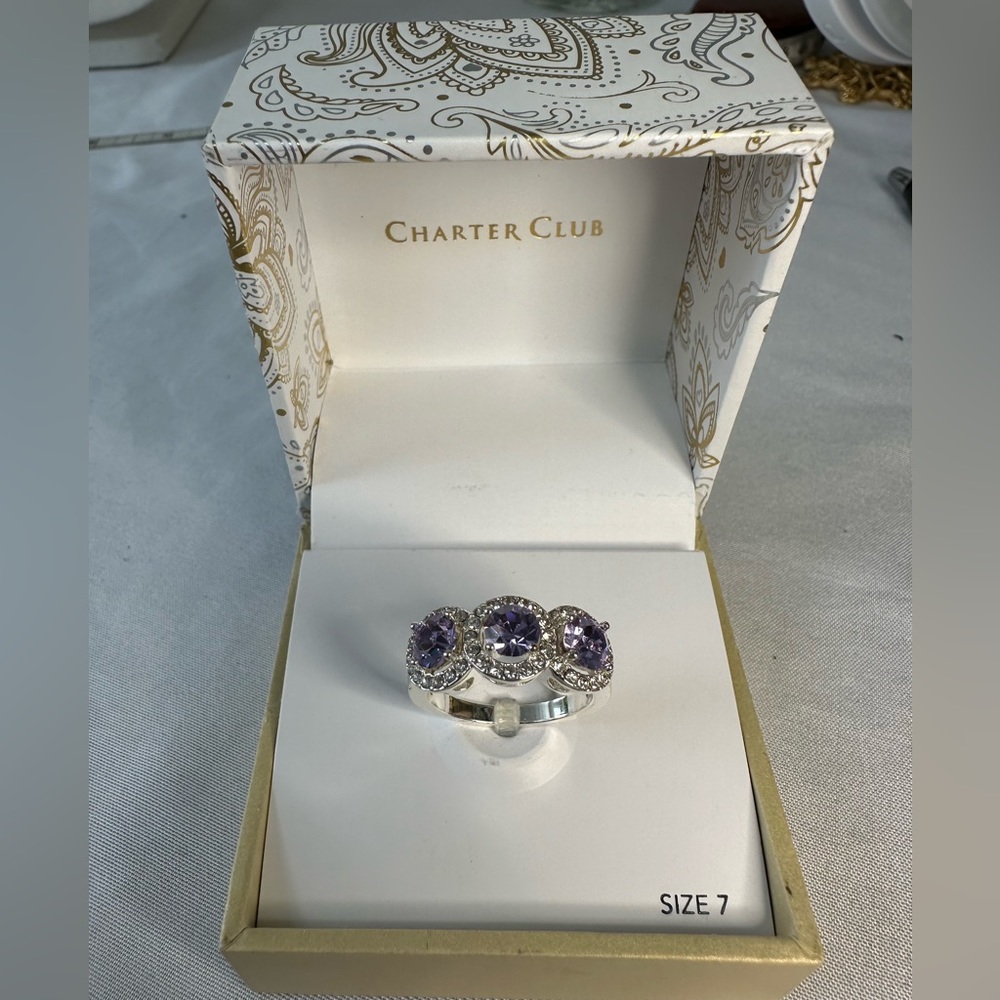 Sparkly triple purple rhinestone silver ring Size 7